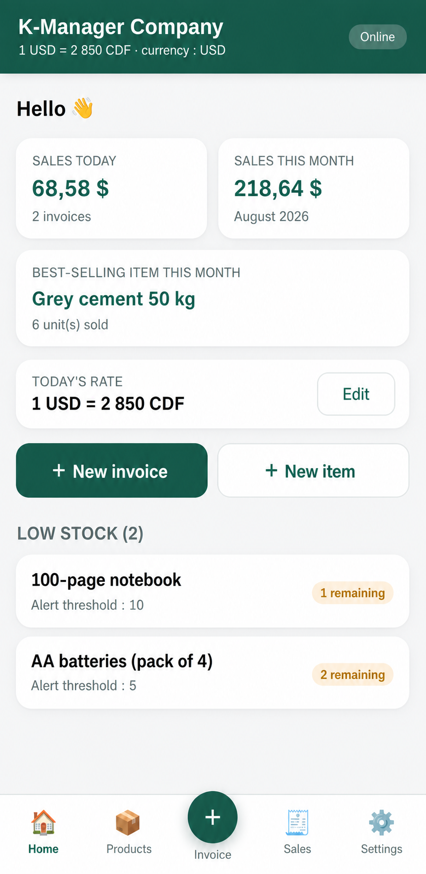 Écran d'accueil de K-Manager Pro sur un téléphone : ventes du jour, ventes du mois, alertes de stock faible.