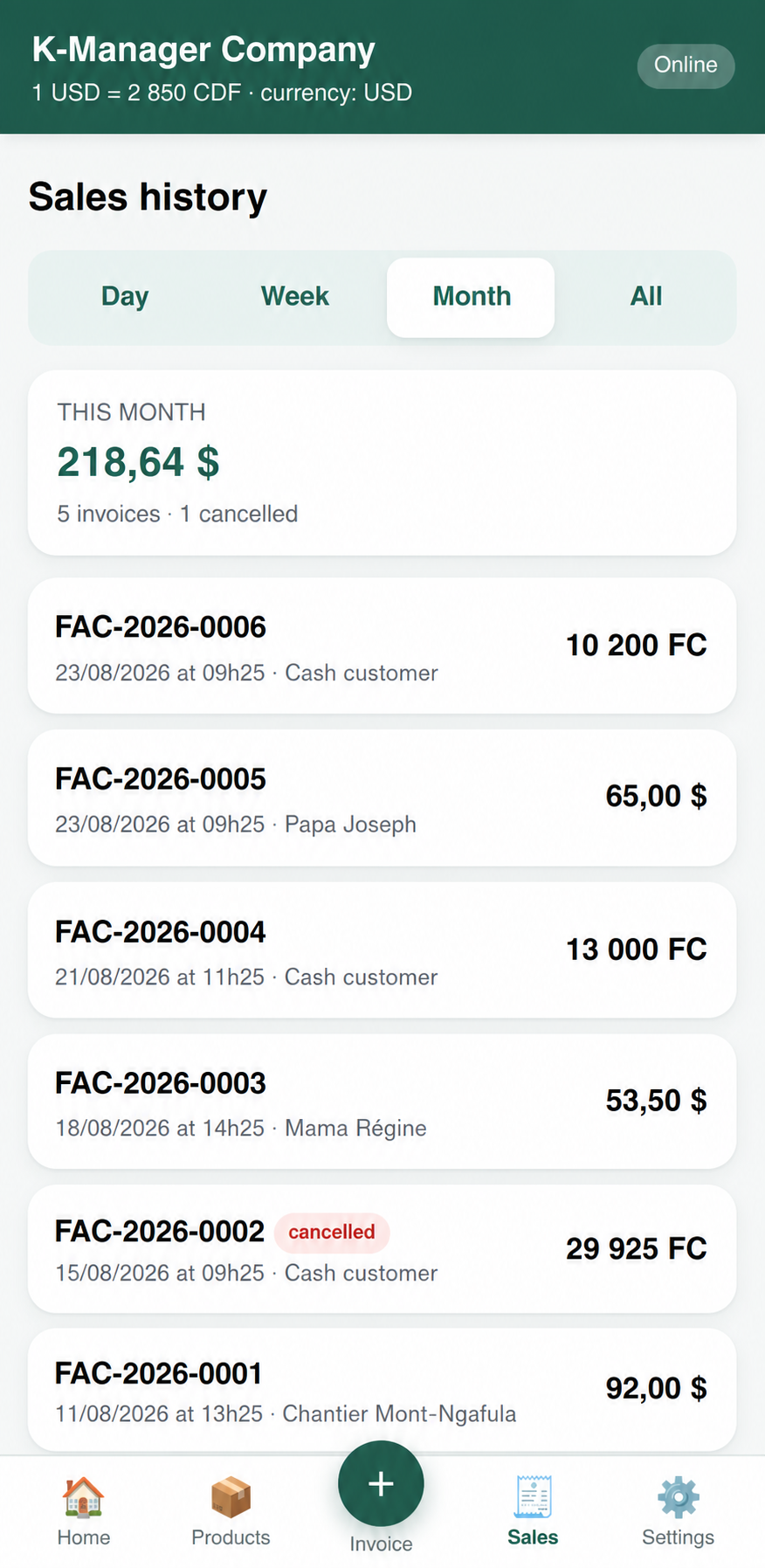 L'historique, filtrable par jour, semaine ou mois.